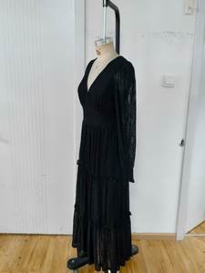 Chic negro cuello en V escalonado Midi <span class=keywords><strong>vestido</strong></span> imperio cintura volantes fruncido sólido dulce ODM OEM servicio para día noche Galas XS - Product Image 6