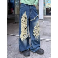 Nouveau Jean d'été pour femme, style Hip Hop Streetwear, taille haute, en denim délavé, à déchirures, coupe ample et jambe large