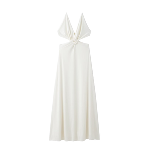 Elegante vestido largo de satén blanco con escote cruzado, sin mangas, estilo tubo, para ocasiones formales - Product Image 1