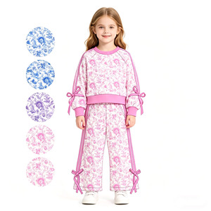 Ensembles de vêtements en laine peignée 2 pièces pour petites filles, personnalisés, décontractés, à imprimé floral rose, avec chemise à nœuds et pantalon, vente en gros, ensembles pour sœurs - Product Image 1