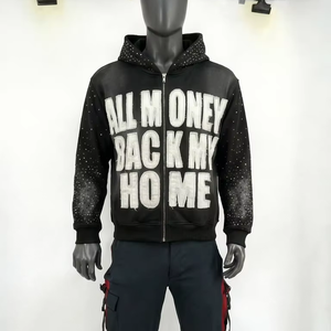 Sweat à capuche zippé 555 pour homme, en molleton bouclette, délavé à l'acide et effet vieilli, style streetwear, avec broderie appliquée personnalisée - Product Image 2