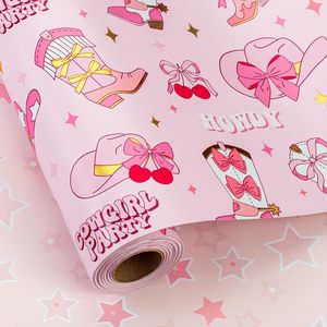 Homeral Pink Cowgirl Wrapping <b>Paper</b> Roll 17In x 32.8Ft Reversible Gift Wrap With Western Boots Hat Cherry <b>Pattern</b> For Girls - Product Image 1