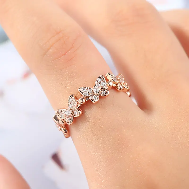 Women Fashion Jewelry CZ Zircon Butterfly Rings Adjustable Crystal Rhinestone Butterfly Joint Rings