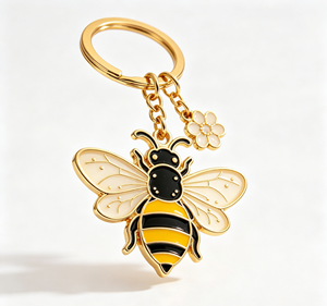 Enamel <b>Bee</b> Keychain Gold Tone Metal Key Ring Yellow Black Flower Charm <b>Gift</b> Accessory - Product Image 4