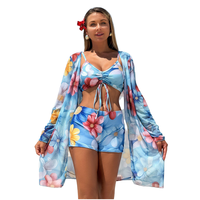Set 3 Potong Pakaian Renang Wanita Motif Cetak Eropa dan Amerika, Bikini Pinggang Tinggi, Hoodie Lengan Panjang, Merah