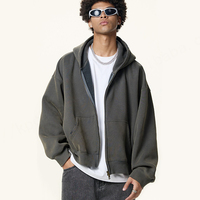 Sudadera con capucha de lana para hombre de algodón 350 Gsm de peso pesado con logotipo personalizado, cremallera completa, ajuste cuadrado, lavado de gran tamaño, recortada, Otoño, estilo informal, con capucha