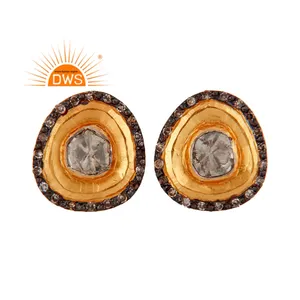 Glorious Antique Rose Cut Diamond Set Earrings Jewelry Wholesale 18k Solid Yellow Gold and 925 Silver Stud Earrings