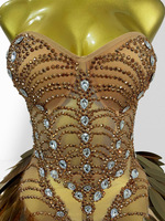 Nouvelle Collection Été 2026 : Robe Longue Marron Bustier avec Traîne, Ornée de Strass Thermocollés Exquis, Transparente et Séduisante, et Plumes Acryliques