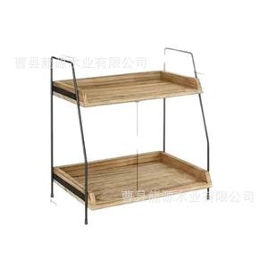Retro Wooden Double Layer Storage Rack Iron Frame Multifunctional Kitchen Spice Organizer Shelf for Condiments and Tea - Product Image 2
