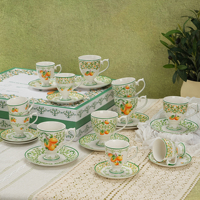 Service à thé en porcelaine italienne écologique, 24 pièces, design moderne, compatible lave-vaisselle, boîte cadeau, motif orange, tasses et soucoupes en céramique