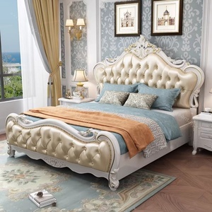 Letto matrimoniale <span class=keywords><strong>king</strong></span>-<span class=keywords><strong>size</strong></span> in legno massello di gomma europeo, lussuoso letto nuziale in pelle oliata e cerata con design da principessa - Product Image 3