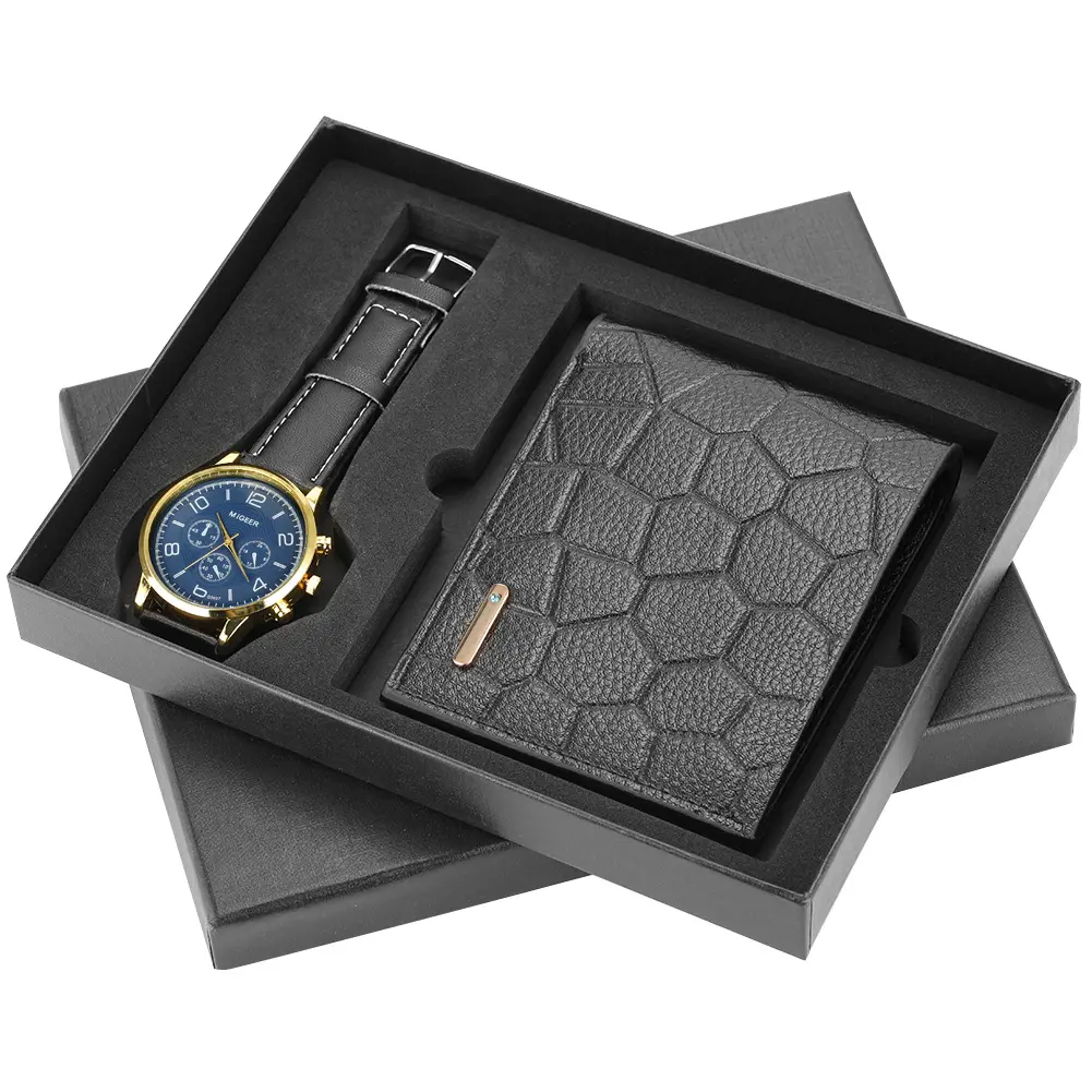 Mannen Horloge Portemonnee Set Zwarte Mannelijke Quartz Horloges Business Portemonnee Verjaardag Geschenken Box Horloges Mannen