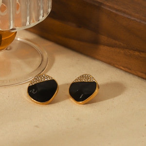 Geometric Rhinestone <b>Stud</b> <b>Earrings</b> <b>Black</b> Gold Plated 18K Stainless Steel Bezel Setting For Women Fashion Jewelry - Product Image 3