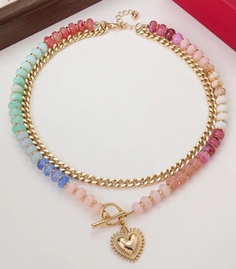 Conjunto de Collar con Colgante de Corazón de Oro y Cuentas de Piedras Preciosas Coloridas, Cadena Cubana de <span class=keywords><strong>Acero</strong></span> <span class=keywords><strong>Inoxidable</strong></span>, Joyería de Playa Resistente al Agua - Product Image 2
