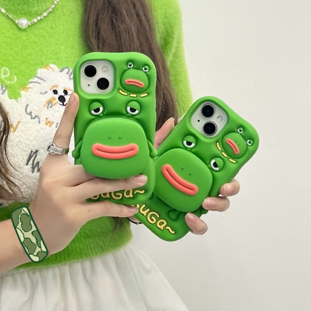 15 Pro Max Bracket Frog Green Silicone Phone Case for Apple Iphone 14 Plus 16 Women Girls 12 13 11 Soft Cases Cover Funny Lonely