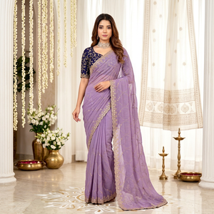 AARA Fashion Purple Silk Saree with <b>Gold</b> Embroidery Navy Blue <b>Blouse</b> for Women's Traditional Indian Wedding Wear Sun Protection - Product Image 1