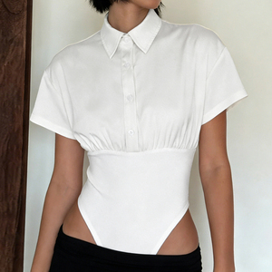 Body de mujer con cuello polo y botones, manga corta, cintura fruncida, corte alto, mono casual sexy para discoteca, tops de moda de verano - Product Image 3