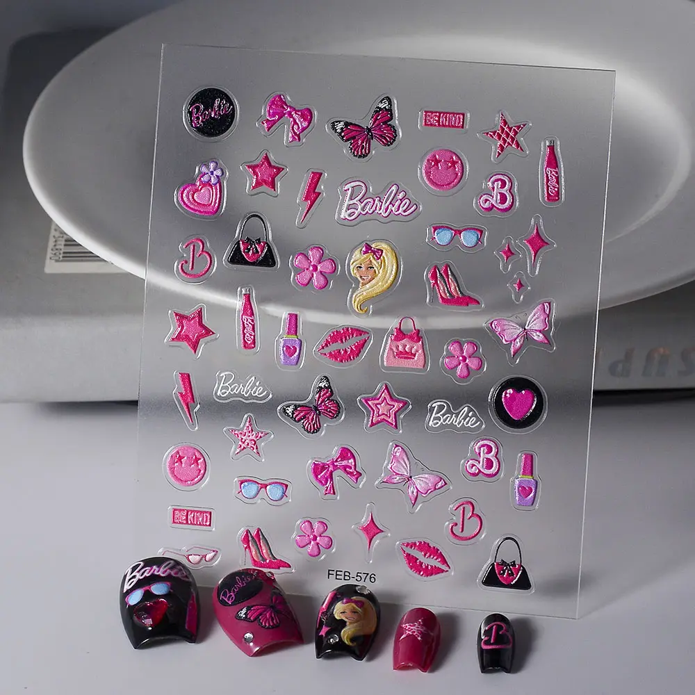 Venta al por mayor de suministros para decoración de uñas adhesivo de dibujos animados Rosa Barbie figura impresa pegatinas y calcomanías para decoración de uñas