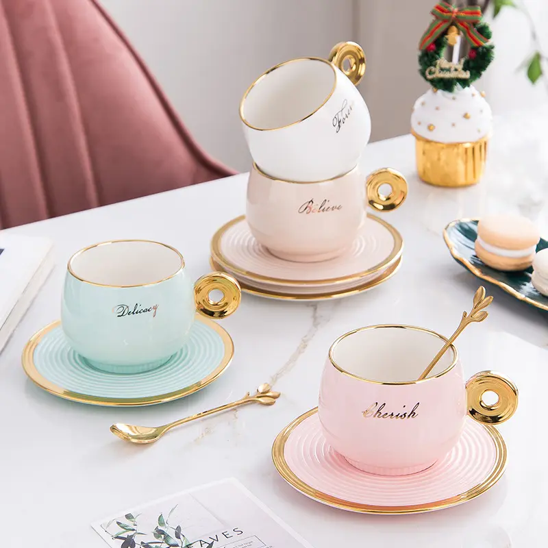 Seaygift creative irregular nordic gold ceramic coffee mug fashion simple porcelain coffee cups mugs and saucer set
