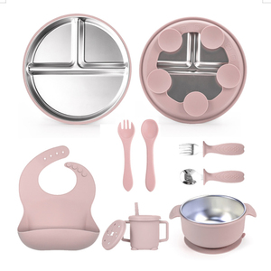 ชุดจานชามซิลิโคนสำหรับ<span class=keywords><strong>เด็ก</strong></span> 8 ชิ้น ทำจากสแตนเลส 304 พร้อมจานแบ่งส่วนและที่จับ - Product Image 1