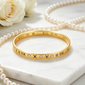 Bracelet manchette classique en acier inoxydable avec chiffres romains, plaqué or/or rose/argent, orné de cristaux, pour femme, cadeau d'anniversaire - Product Image 2