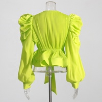 ZHEZHE nouveautés col en V manches bouffantes plissées dames chemises pour femmes à volants à lacets taille femmes Blouses