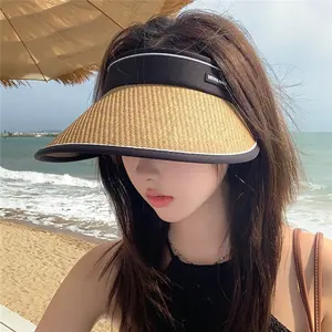 Hot selling 2023 UV vinyl large brim women summer folding beach straw cover designer visor cap travel holiday straw sun hats