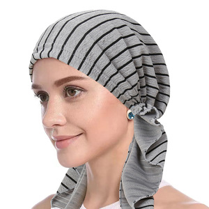 Cappello turbante da <span class=keywords><strong>donna</strong></span> a strisce nere su misura per la fabbrica di Stock musulmano con fondo Hijab berretto etnico <span class=keywords><strong>Bandana</strong></span> - Product Image 3