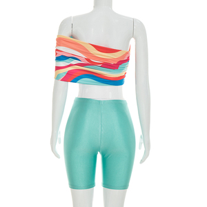 Viviblook J26ST125 Women Summer <b>Set</b> Printed Short Off Shoulder Crop Top Solid Color Tight Shorts Two Piece <b>Set</b> - Product Image 6