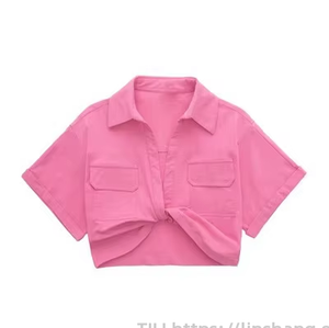 เสื้อเชิ้ตผู้หญิงแฟชั่น แขนสั้น คอปก สีพื้น ผ้าลินินยืดทรงเข้ารูป - Product Image 1