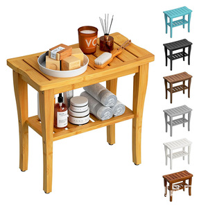 Yingsheng Bamboo Bathroom Stool Double Layer Shower Seat Solid Wood <b>Storage</b> Shelf For <b>Bath</b> Living Room - Product Image 5