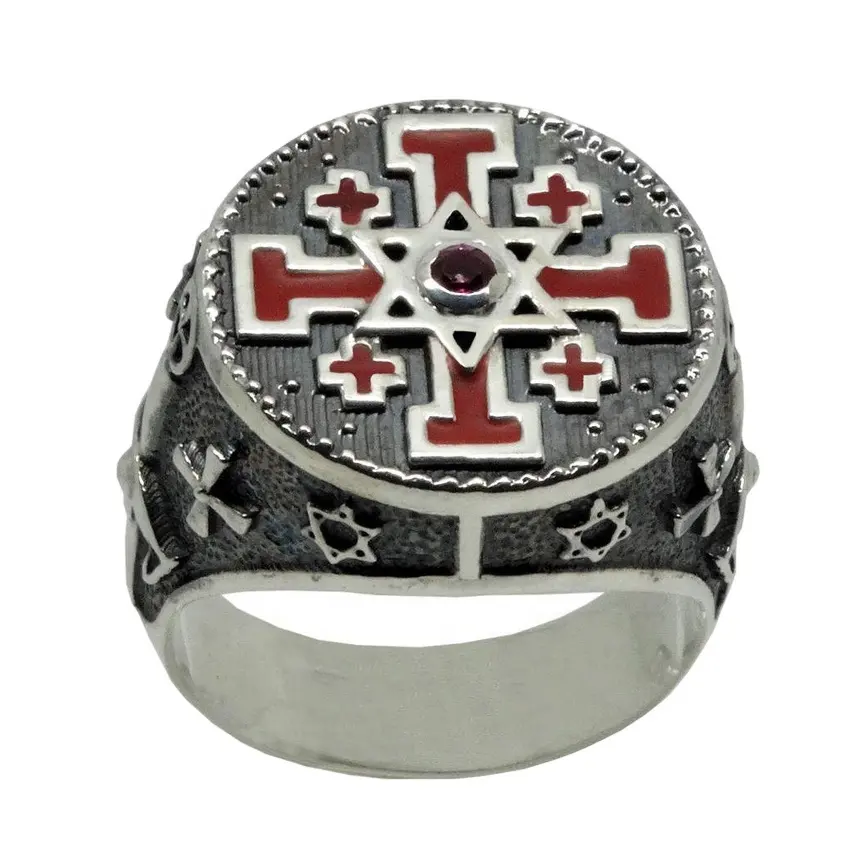 Custom Mode Cross Star Emaille Mannen Sieraden, Zilver Geoxideerd Knight Templar Ring