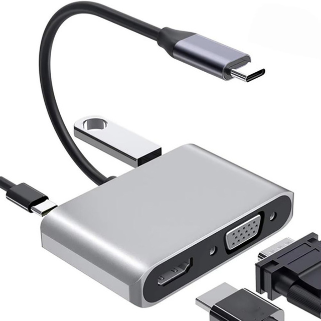 High Quality 4-in-1 USB C Hubs Type C Multiple Ports Hub Converter with 4K HD+VGA+USB 3.0&PD 100W Charging Interfaces