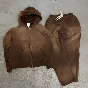 Manufacturers Hoodies Men Custom Logo Acid Wash Zipper Sweatpants And Hoodie Set Blank Oversized Heavy Weight Hoodies