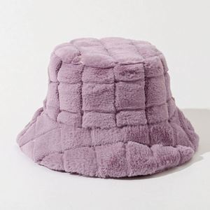 Wholesale in Stock <b>Purple</b> Fuzzy Bucket <b>Hat</b> Checkered Pattern Women Winter <b>Hats</b> Plush Fur Bucket <b>Hat</b> - Product Image 1