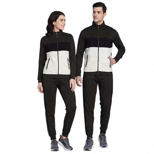 Survêtement unisexe 2 en 1 à blocs de couleur, avec fermeture éclair intégrale, capuche, style sportif, poches latérales, coupe ajustée, 100% coton, pour l'hiver - Product Image 1