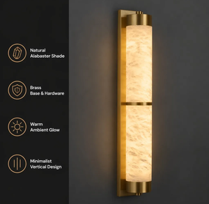 Applique murale en albâtre naturel de qualité supérieure, base et quincaillerie en laiton massif, applique verticale minimaliste pour couloir d'hôtel de luxe - Product Image 1