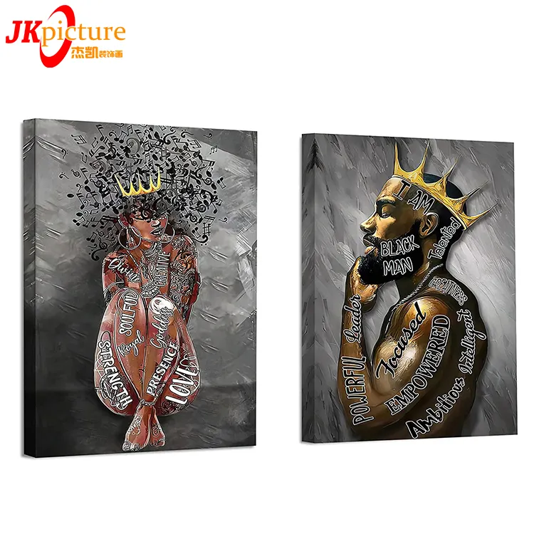 Dekorasi Rumah Hitam Raja dan Ratu Pasangan Pria Potret Poster Abstrak Cetak Murah Afrika Hitam Wanita Dinding Seni Cetak Kanvas