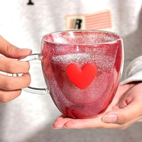 Taza de Vidrio Romántica de Doble Pared con Adorno de Corazón 3D, Resistente al Calor, para Regalo de San Valentín, para Parejas, para Café en Casa