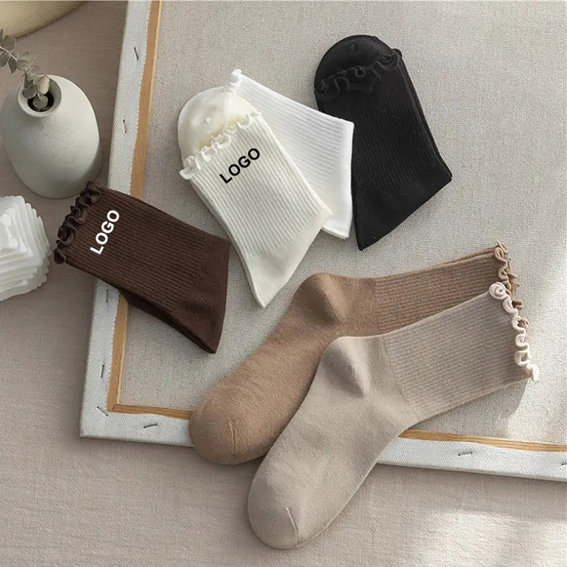Wholesale Black Brown Cute Crew Cotton Women Custom Ruffle Socks for Girls