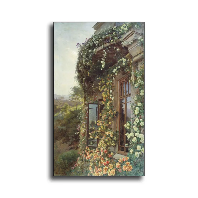 Peinture à l'huile décorative faite à la main, fleurs de montagne et vue de la maison pour le salon, art mural Offre Spéciale populaire