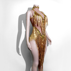Justaucorps Scintillant Doré à Franges de Strass Lourds pour Spectacle Scénique, Showgirl, Diva, Drag Queen, Célébration - Product Image 3