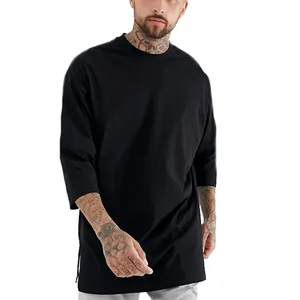 Özel baskı büyük boy Longline Hip Hop baskı erkekler ucuz siyah 3/4 kollu gömlek