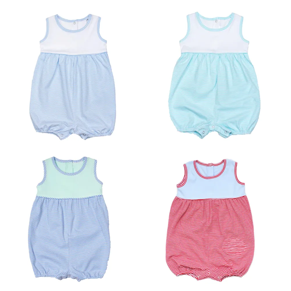 Summer knit stripe cotton baby clothes short sleeveless monogram toddler boys shortall romper for newborn