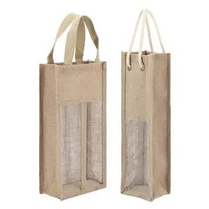 Sac fourre-tout écologique en Jute pour bouteilles de vin, 1 unité, fourre-tout avec fenêtre transparente, sac de vin en chanvre avec Logo imprimé, sur mesure