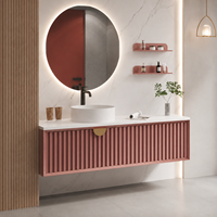 Meuble-lavabo flottant rose cannelé moderne avec vasque à poser, miroir LED rond et armoire murale pour projets hôteliers et d'appartements