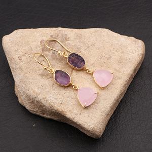Pendientes colgantes chapados en oro de latón de Calcedonia rosa y amatista de piedra doble, nuevo diseño para mujer, joyería de regalo - Product Image 2