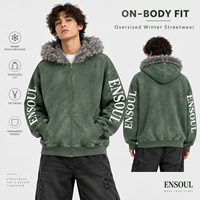 Hoodies d'hiver surdimensionnés zippés pour hommes, effet délavé, épaules tombantes, capuche en fausse fourrure, logo imprimé sur la manche, fabricants de hoodies personnalisés