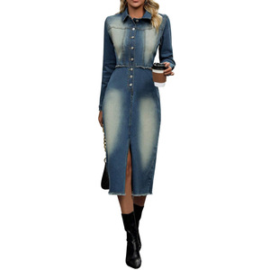 Robe mi-longue sexy pour femme à manches longues, col rabattu, fente et franges - 218755 - Product Image 5