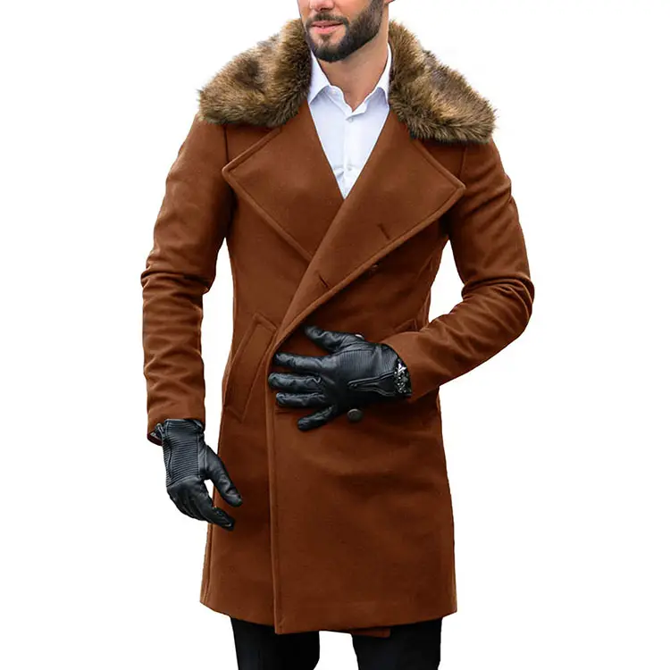 Men's Winter Trench Overcoat Removable Faux Fur Collar Top Coat Double Breasted Business Long Pea Coat